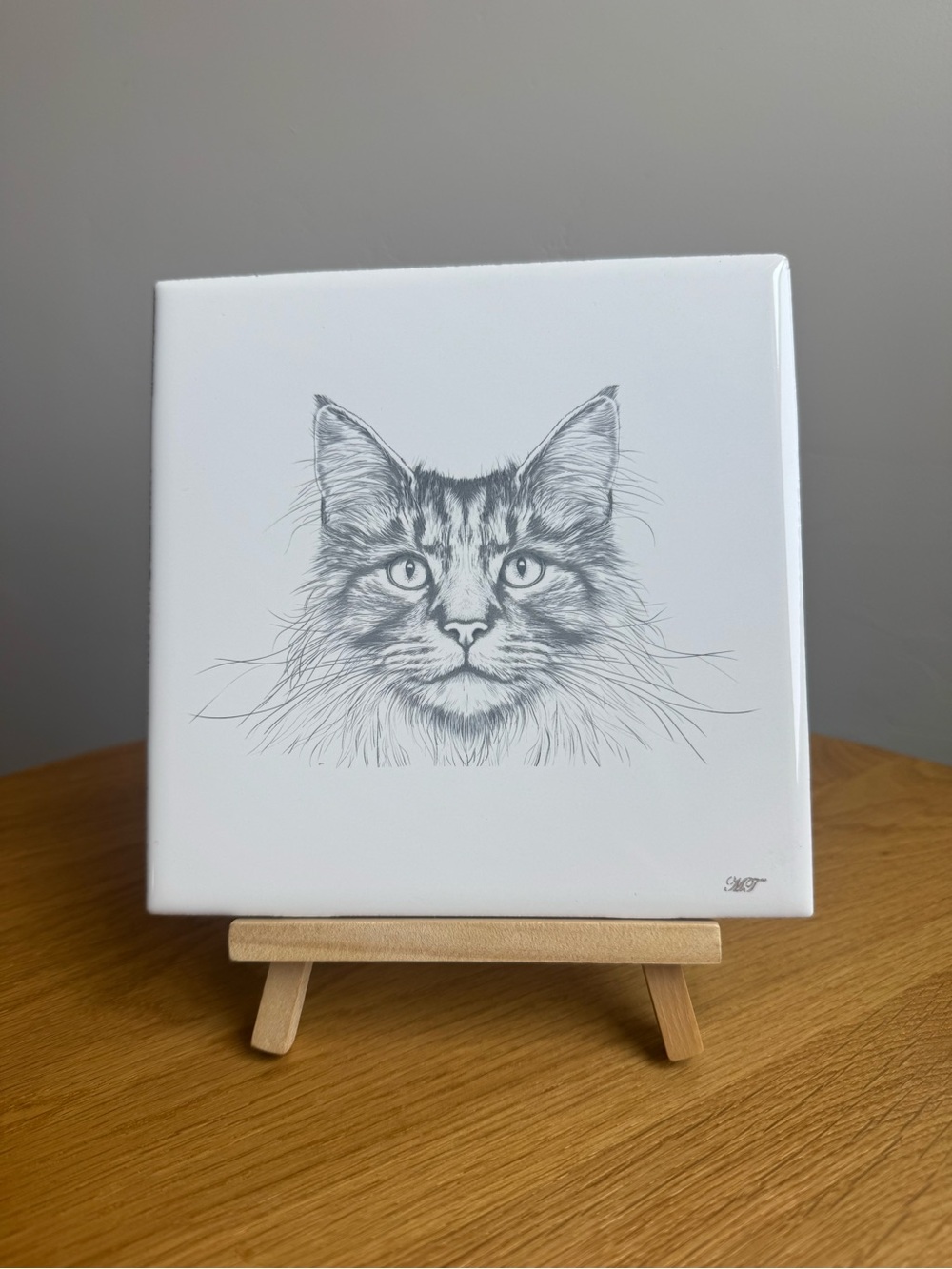 Maine Coon Cat Portrait Ceramic Tile on Wooden Easel